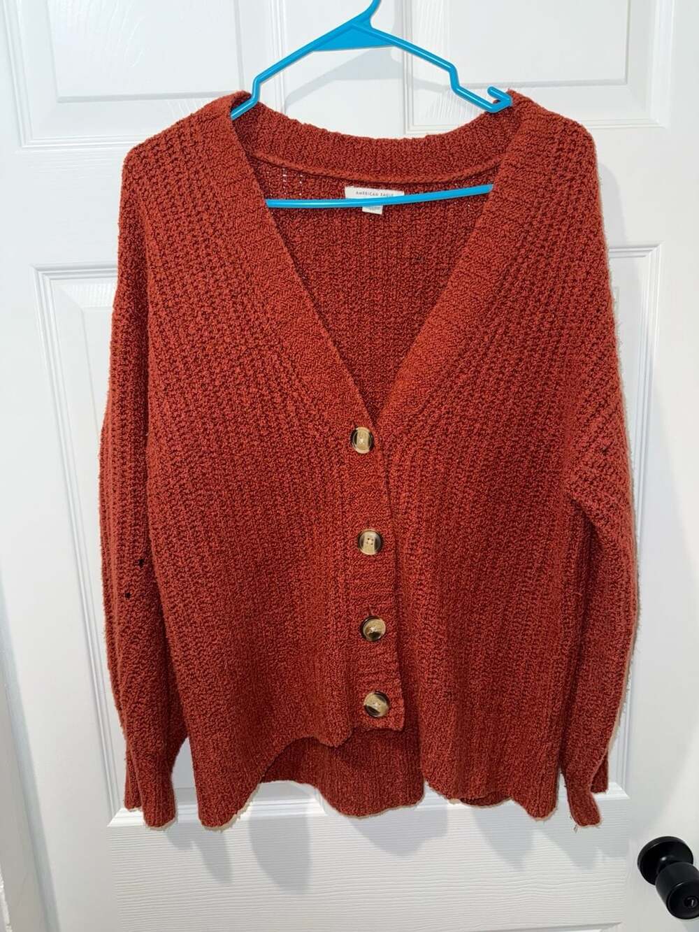 American Eagle Women's Rust V-Neck Button-Front Textured Cardigan